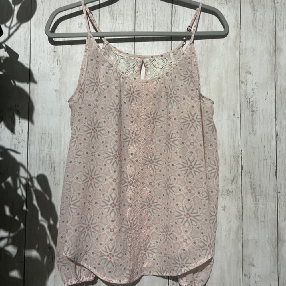 Rewind Pink Floral Lace Trim Keyhole Back‎ Cami Top Women's XS